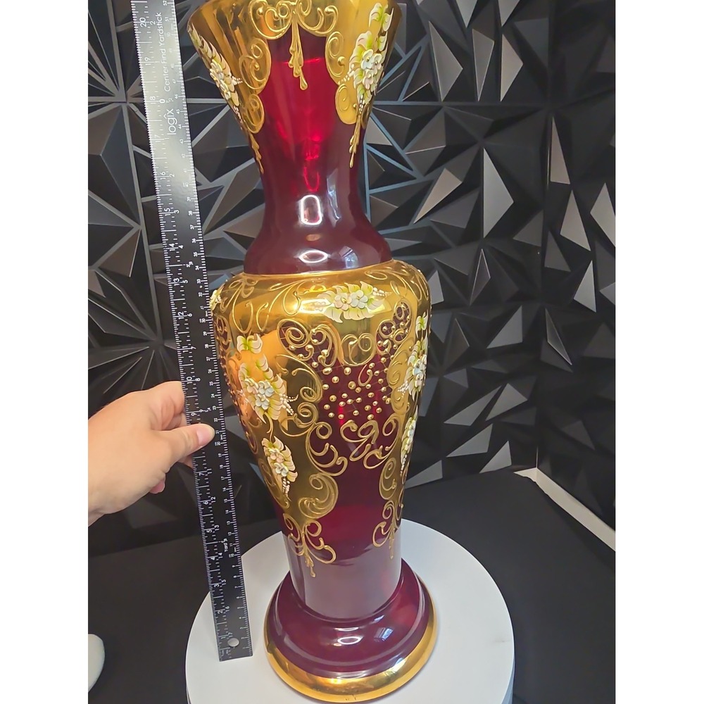 RARE ! 19.5" TALL SUPERB ARDALT GLASS VASE - MADE in ITALY - Gold- Red-Floral